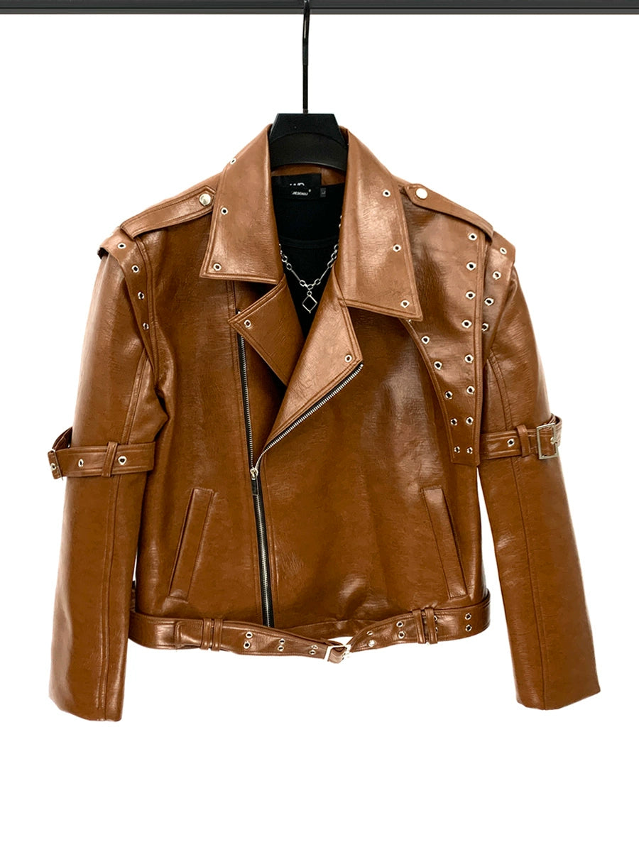 PU Leather Motorcycle Jacket with Studded Details