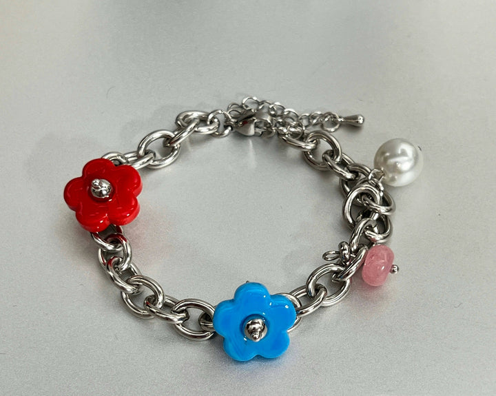 Flower Charm Metal Chain Pearl Bracelet