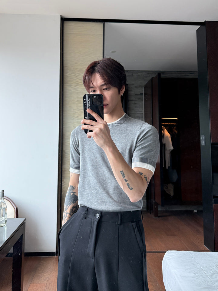 Knitted Short Sleeve Contrast Cuff T-shirt