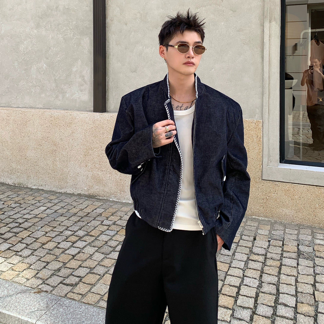 Stand Collar Quilted Denim Jacket