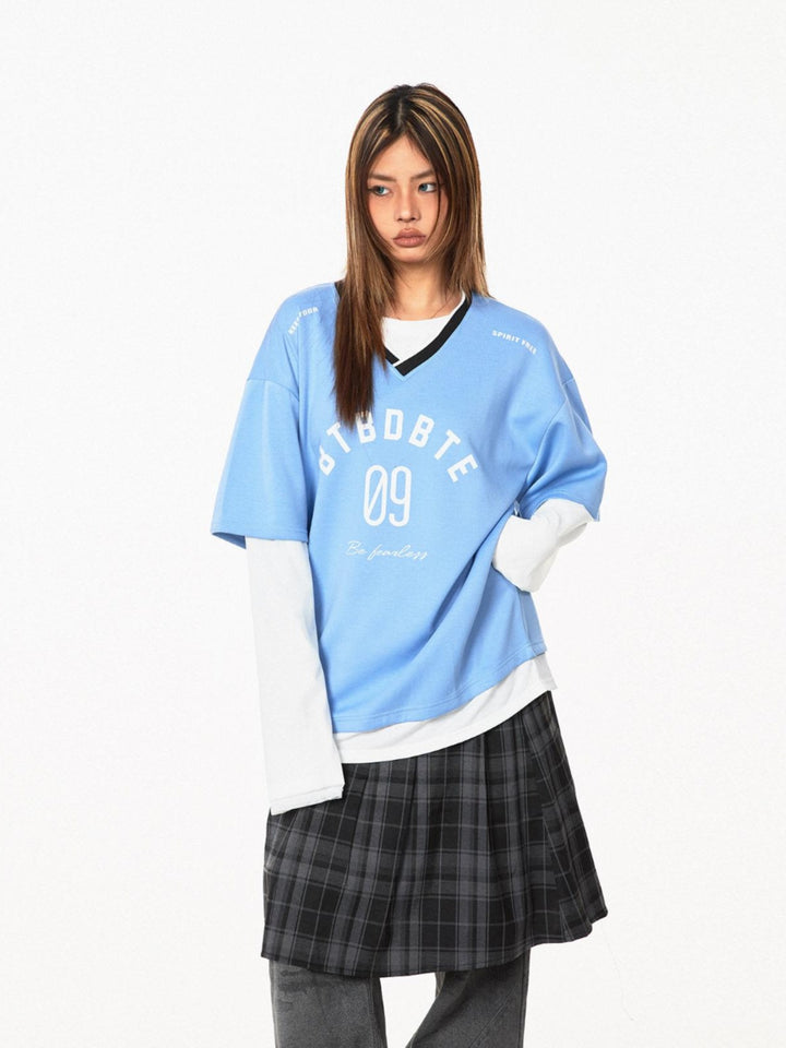 V-Neck Retro Stitching Pullover Sweatshirt