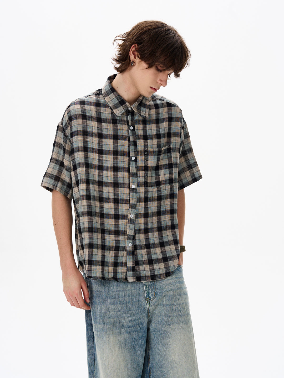 Short Sleeve Plaid Button-Up Shirt