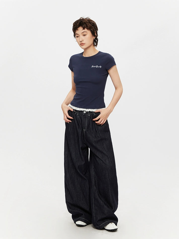 Lace Trim Fitted Short Sleeve Turtleneck