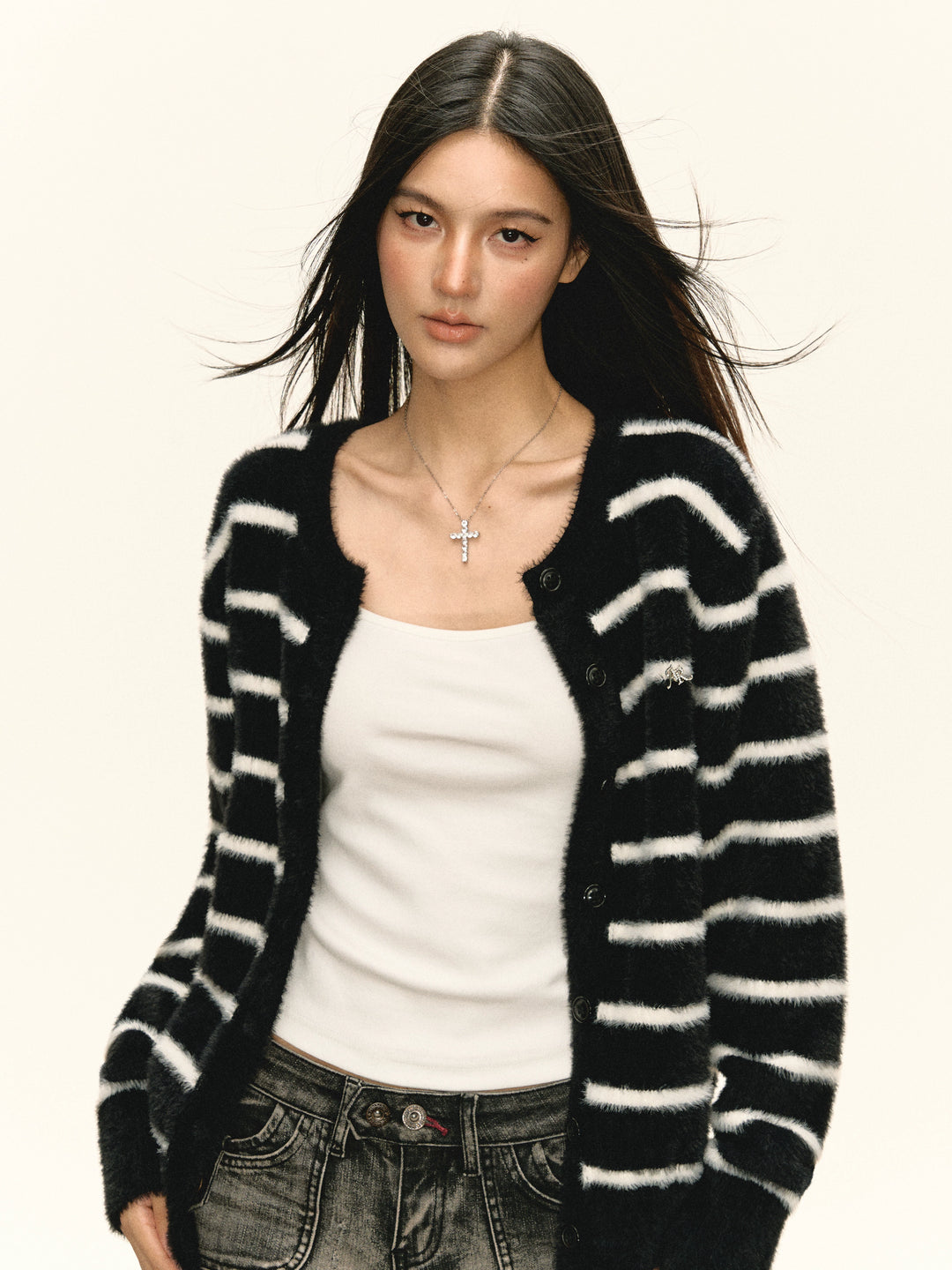 Fuzzy Striped Button-Up Knit Sweater