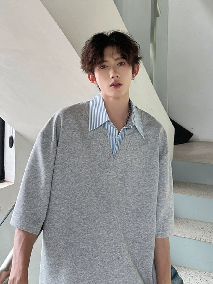 Spliced Lapel Loose Short-Sleeve T-Shirt