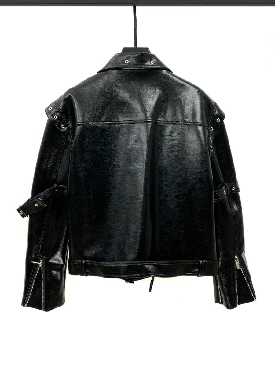 PU Leather Motorcycle Jacket with Studded Details