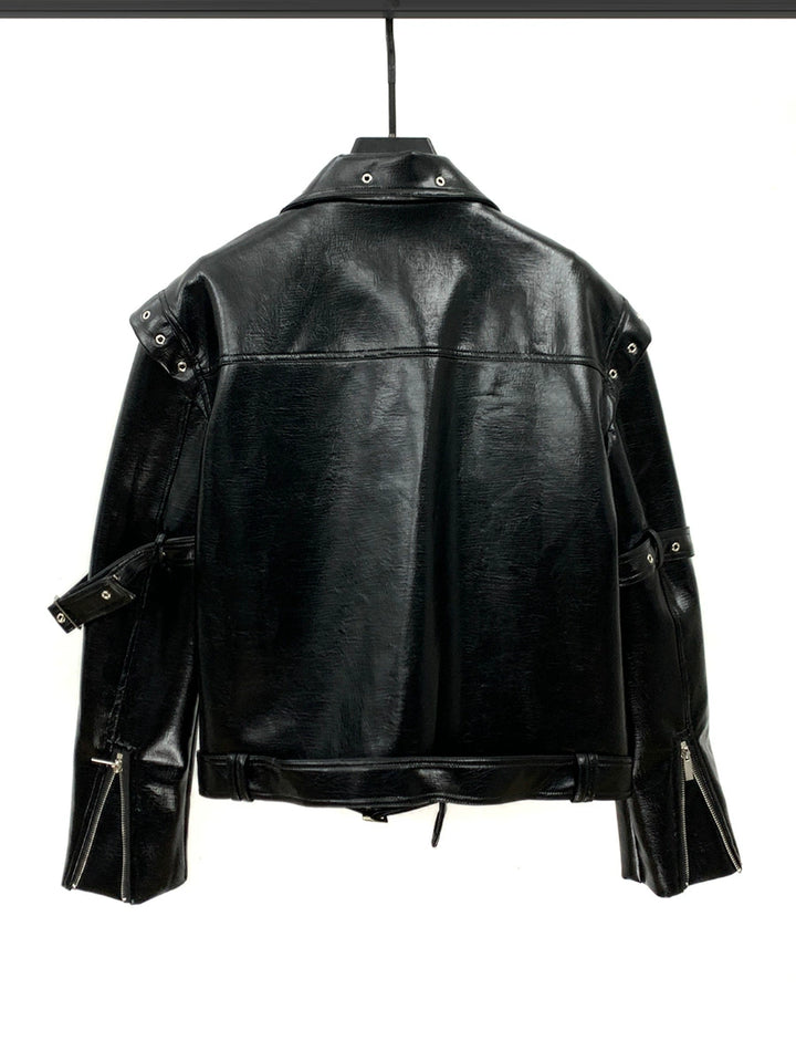 PU Leather Motorcycle Jacket with Studded Details