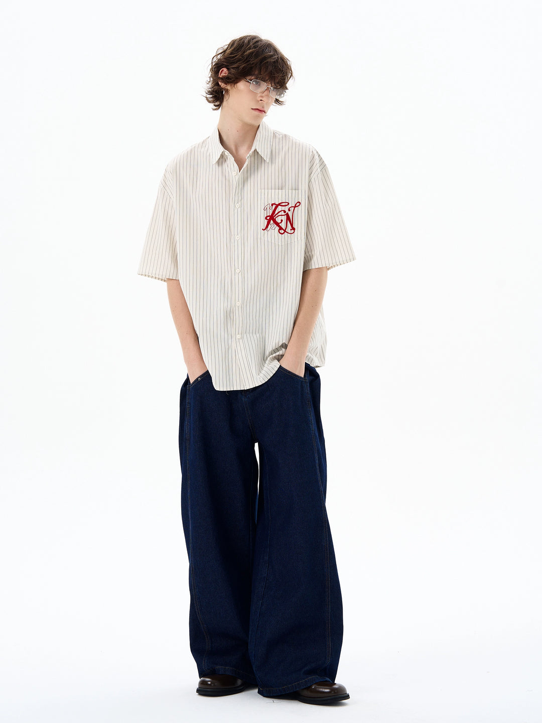 Striped Short Sleeve Embroidered Shirt