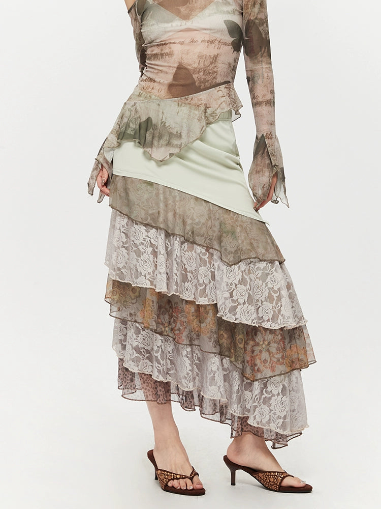 Irregular Lace Patchwork Layered Long Skirt