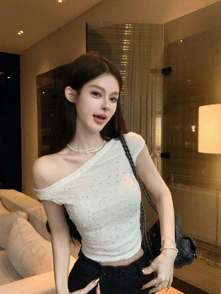 Lace Off Shoulder Fitted Short Sleeve Top