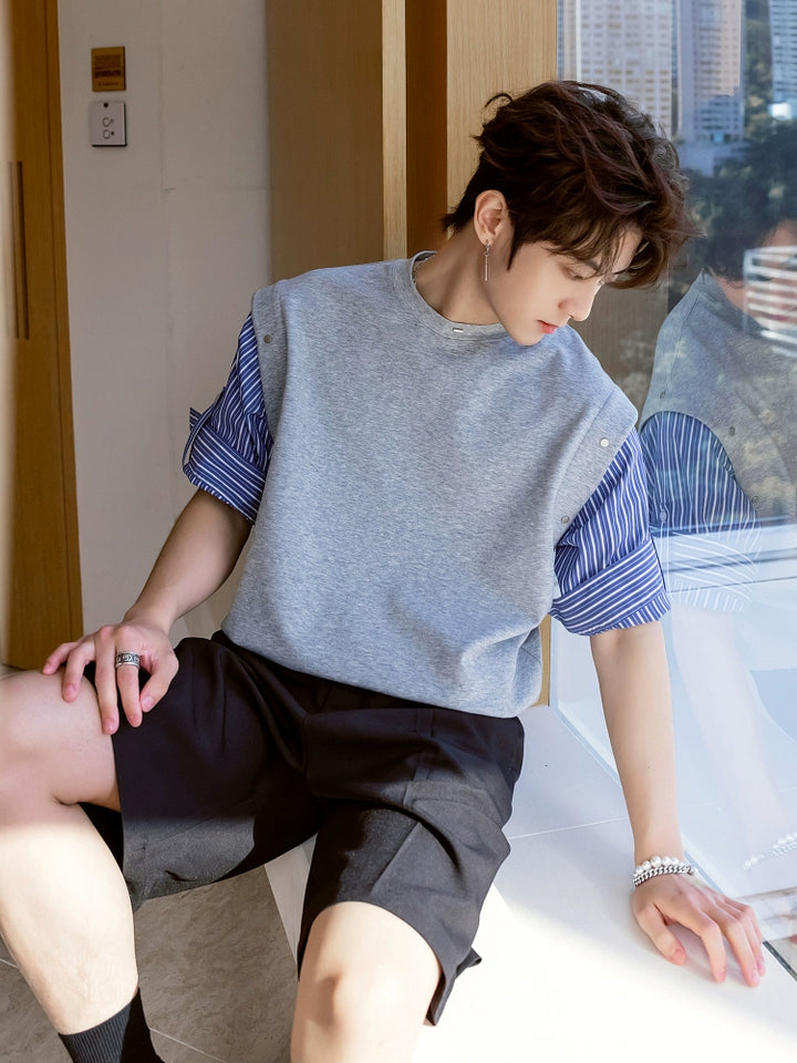 Detachable Striped Short Sleeve T-shirt