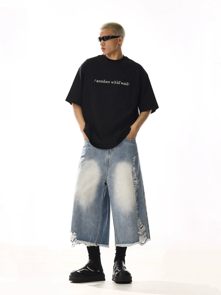 Destroyed Raw Edge Wide Leg Denim Shorts