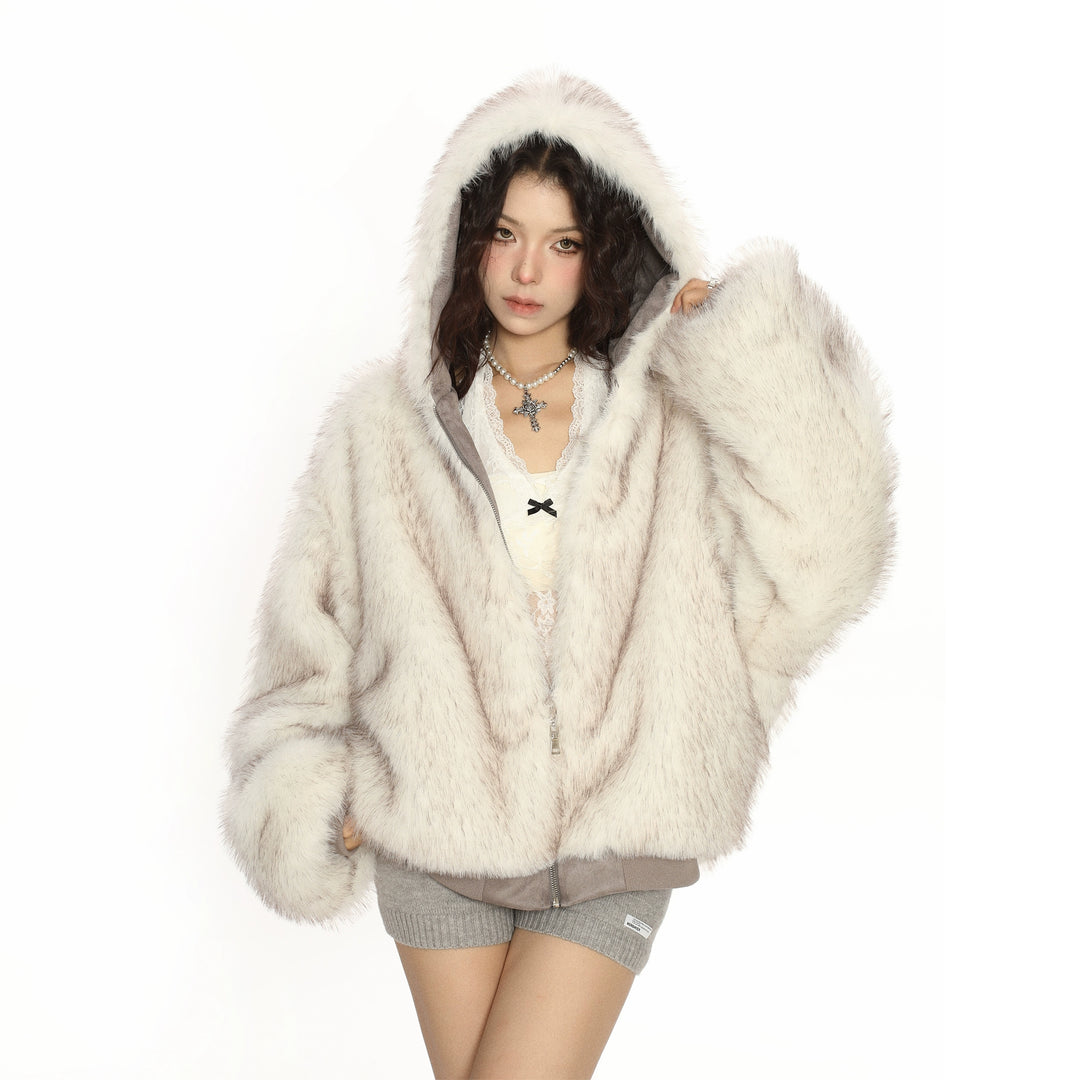 Suede Double-Sided Faux Fur Hooded Coat