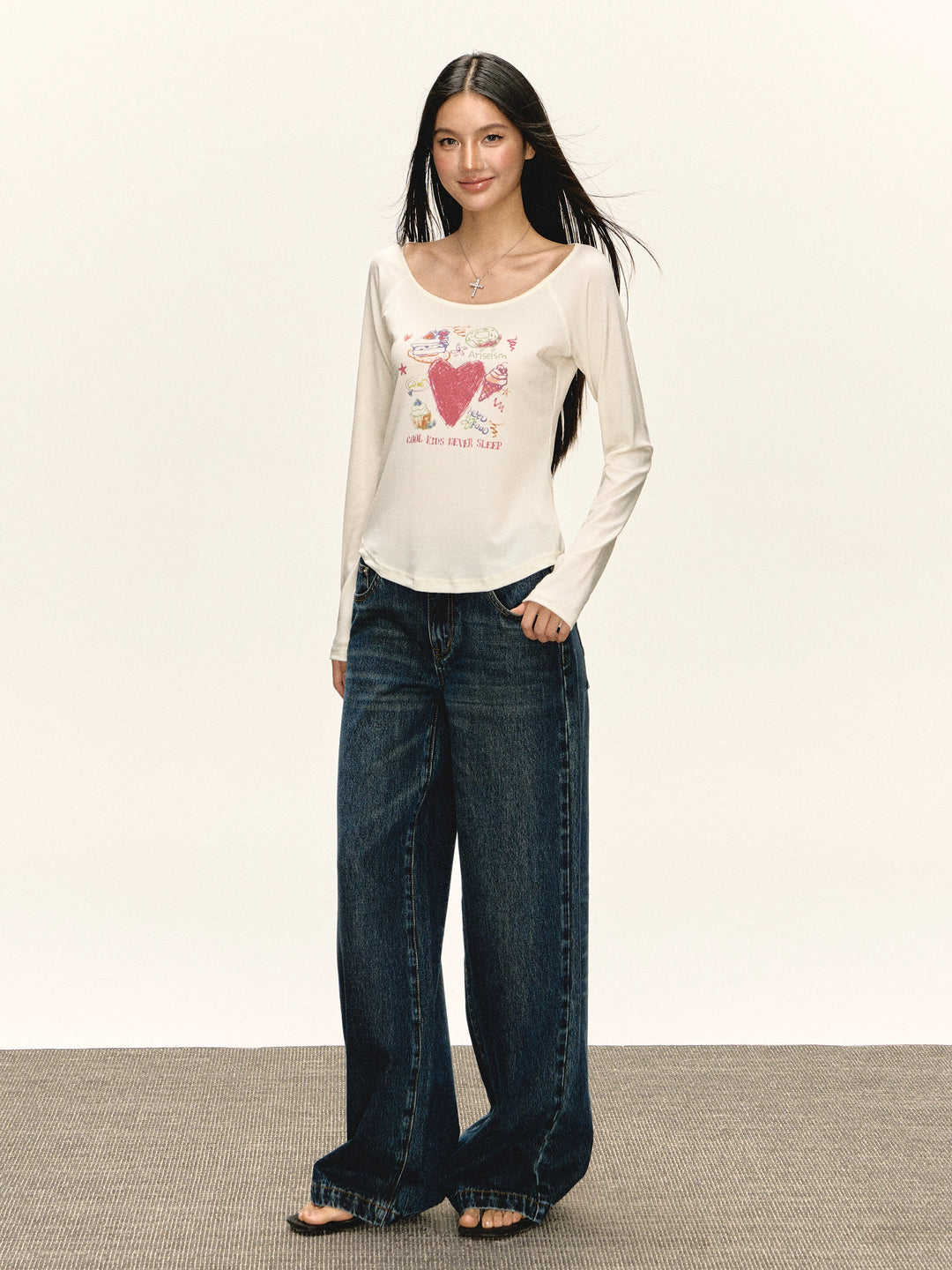 Grafische U-hals Lange Mouwen T-shirt