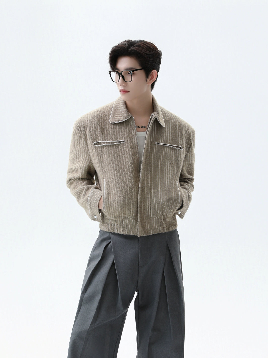 Vertical Striped Lapel Plush Jacket