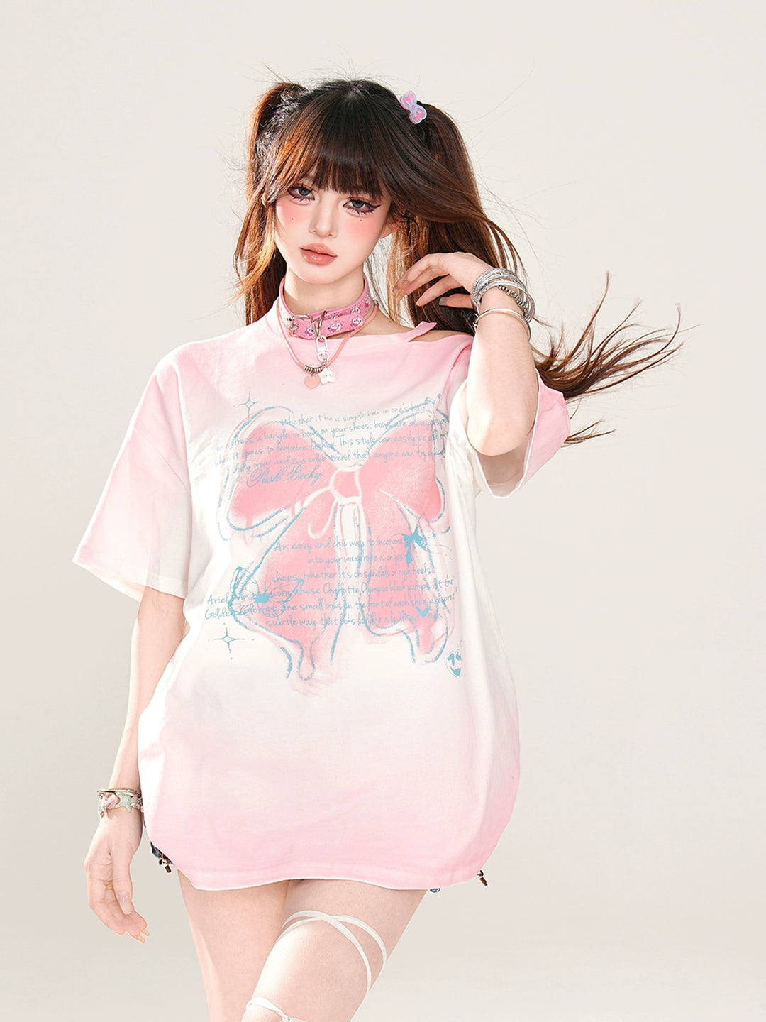 Off-Shoulder Graphic Loose Short-Sleeve Top