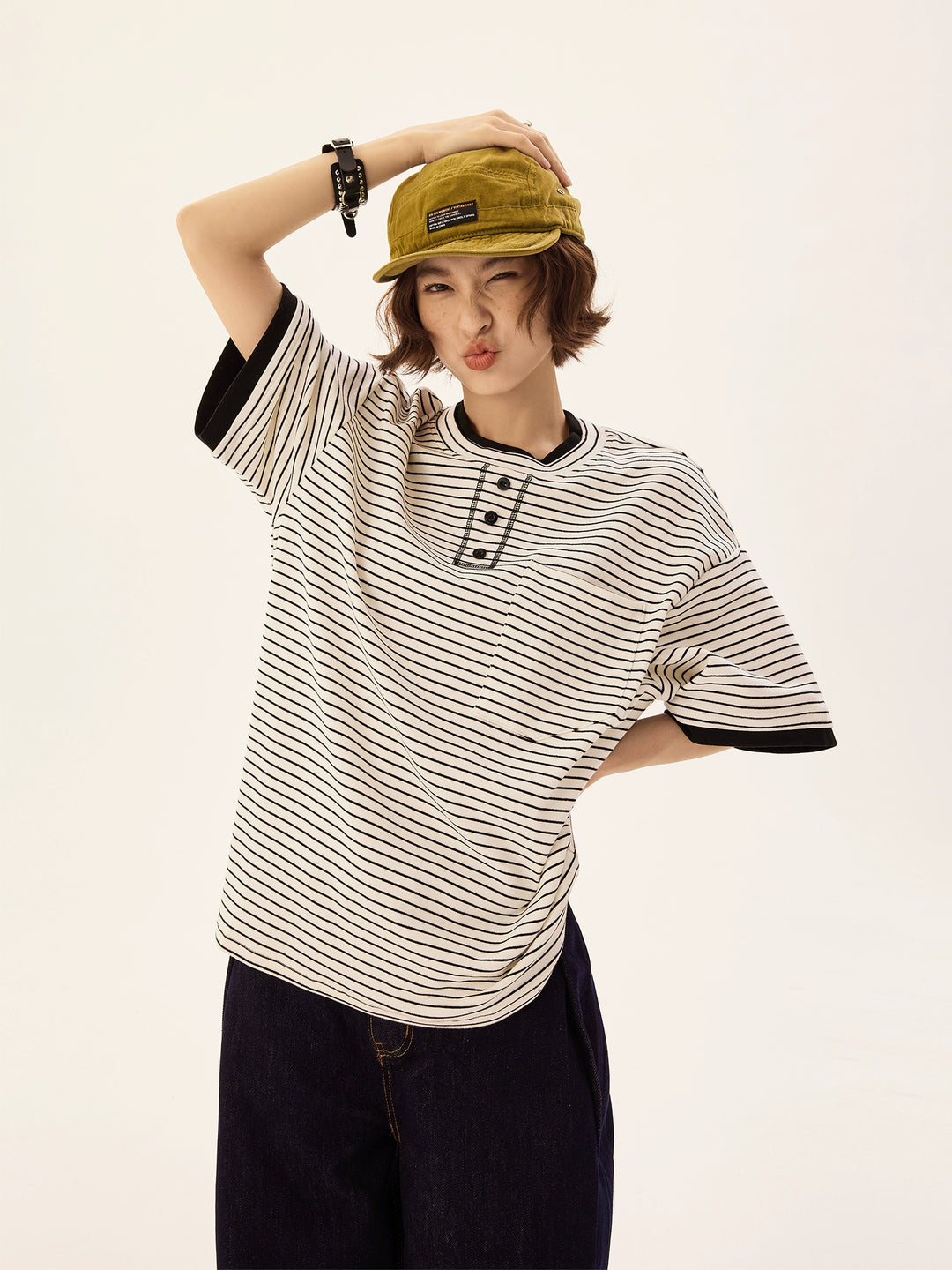 Striped Short Sleeve Henley Neck T-Shirt