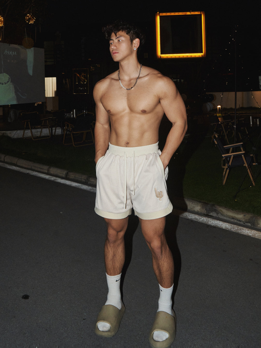 Mesh Embroidered Double-Layer Sports Shorts