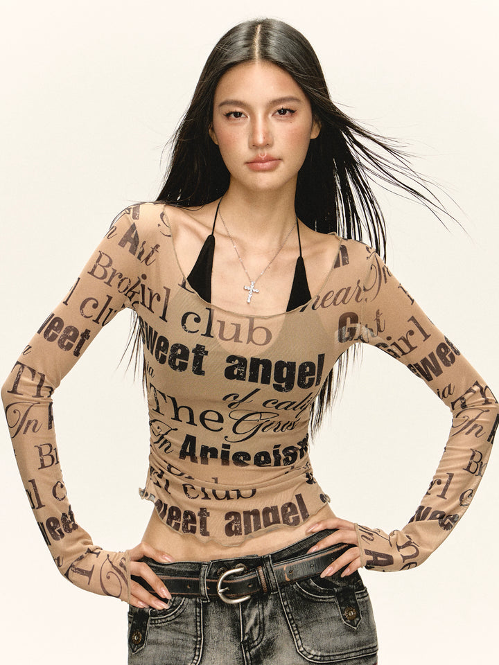 Graphic Print Sheer Long Sleeve Top