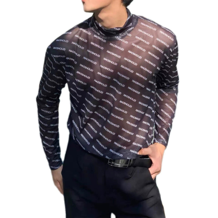 Mesh Turtleneck Letter Print Pullover Shirt