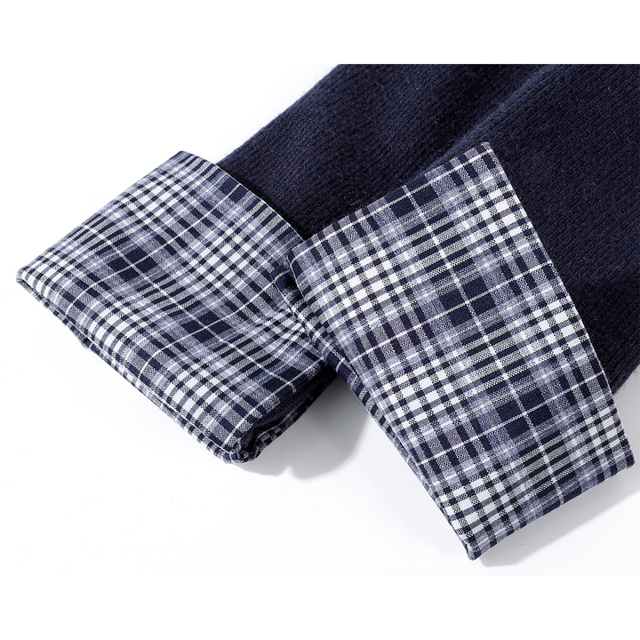 Plaid Cuff Knit Round Neck Cardigan