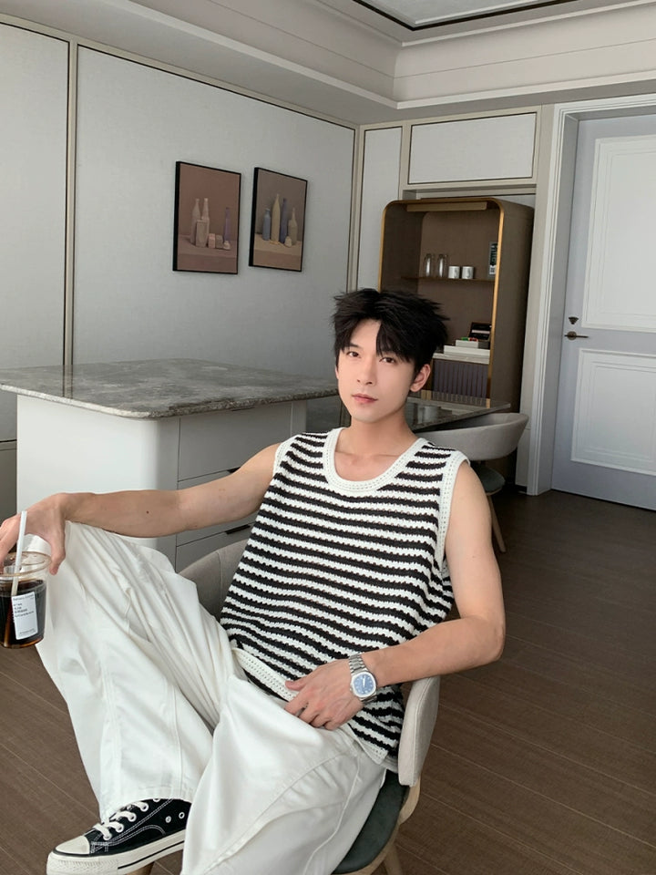줄무늬 니트 통기성 와이드 숄더 조끼