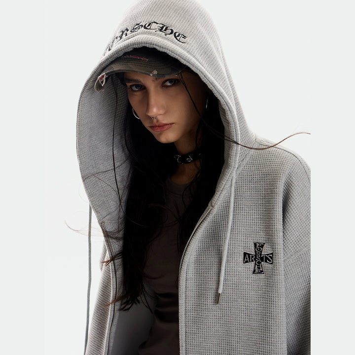 Waffle Knit Gothic Hooded Zip Sweatshirt
