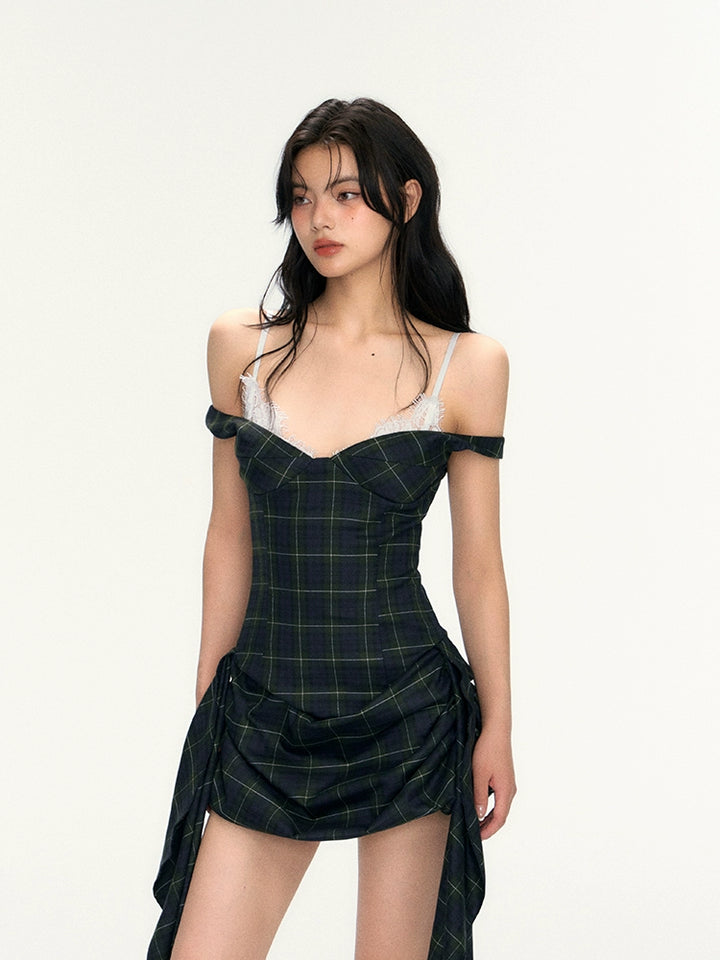 Plaid Lace Trim Drawstring Suspender Dress