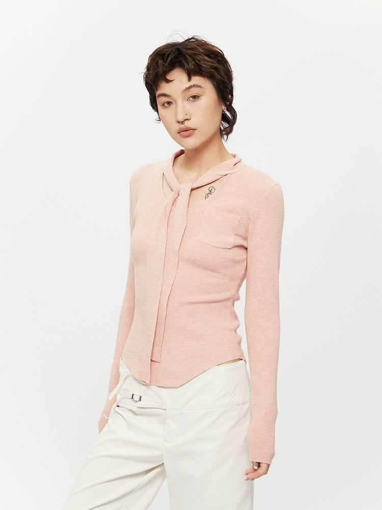 Ribbon Cutout Long Sleeve Turtleneck Top