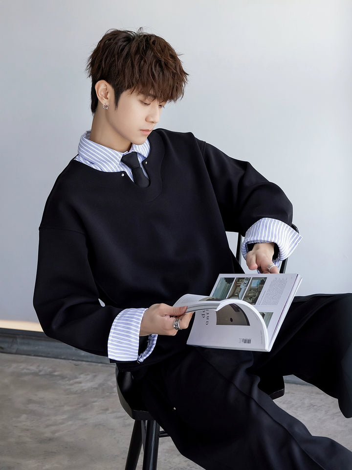 Striped Shirt Collar Layered Sweatshirt