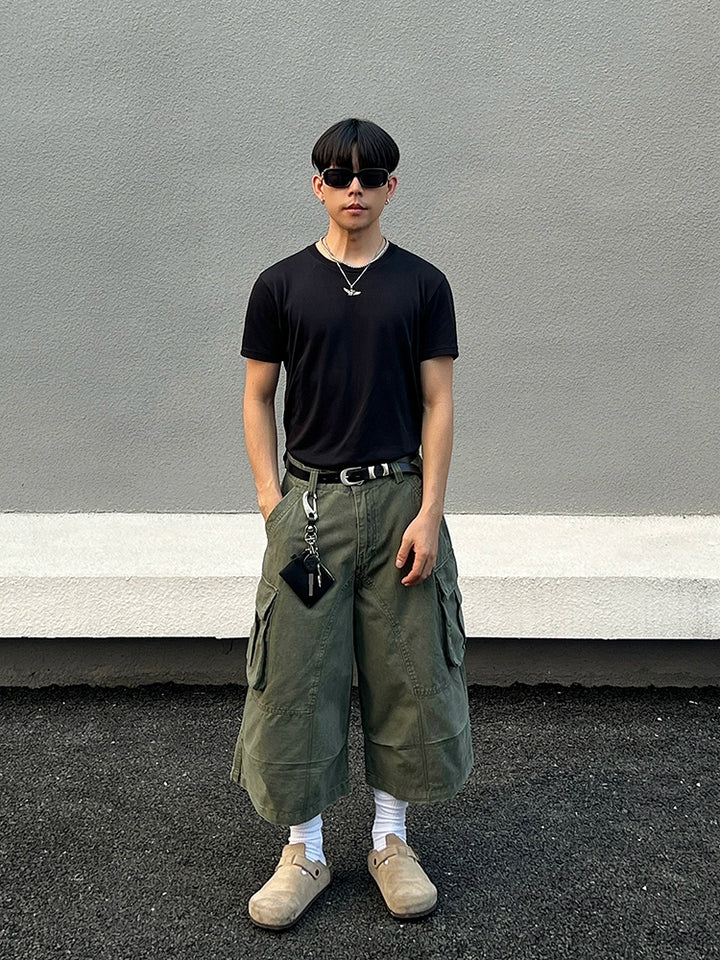 크롭 멀티 포켓 와이드 레그 카고 팬츠