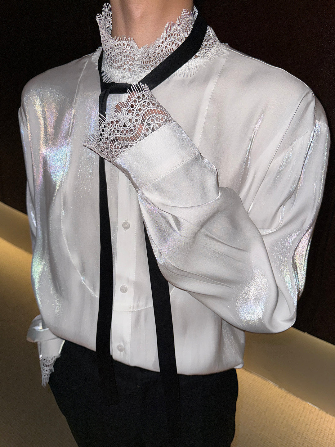 Lace Splicing Stand Collar Long Sleeve Shirt
