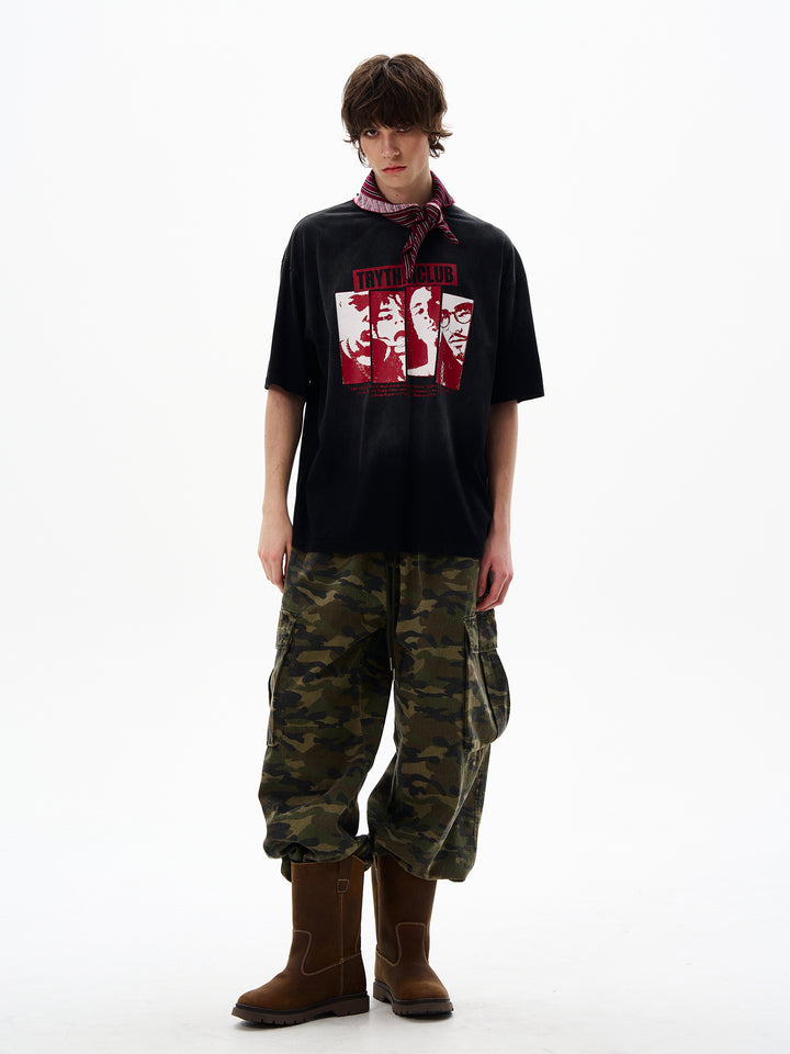 レトログラフィックショートスリーブディストレストTシャツ