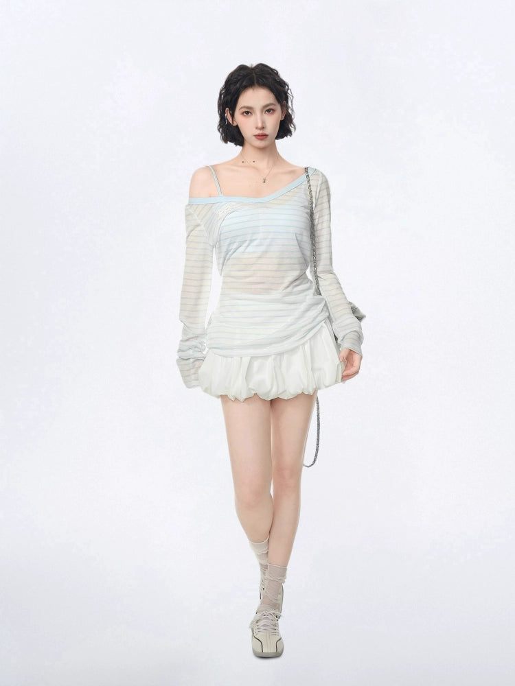 Striped Off-Shoulder Long Sleeve Turtleneck