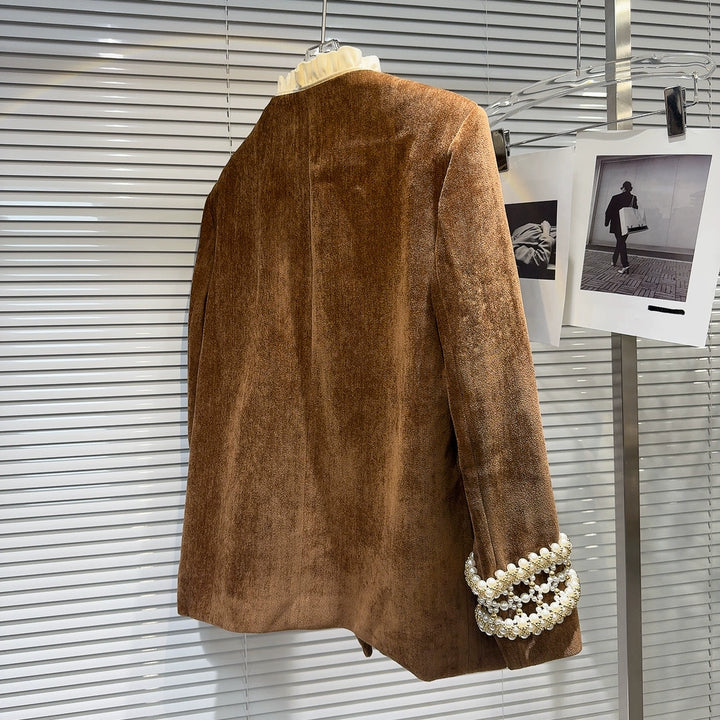 Pearl Cuff Lace Collar Plush Coat