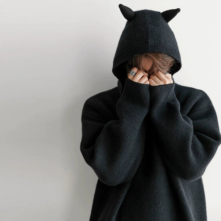 Horn Accent Hooded Knit Sweater