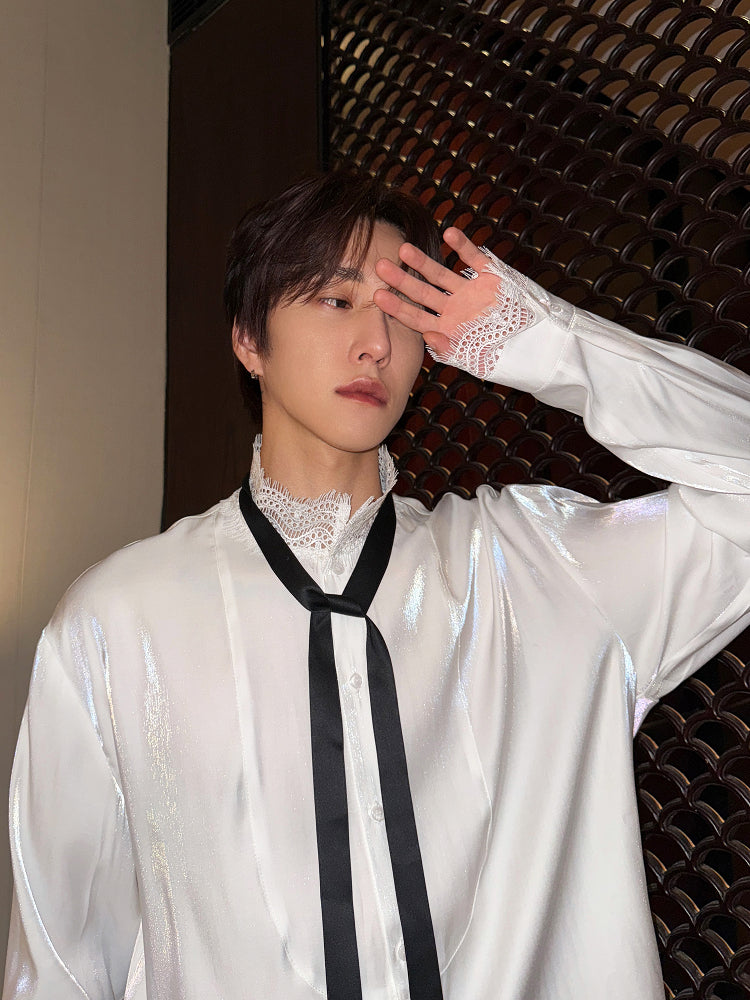 Lace Splicing Stand Collar Long Sleeve Shirt