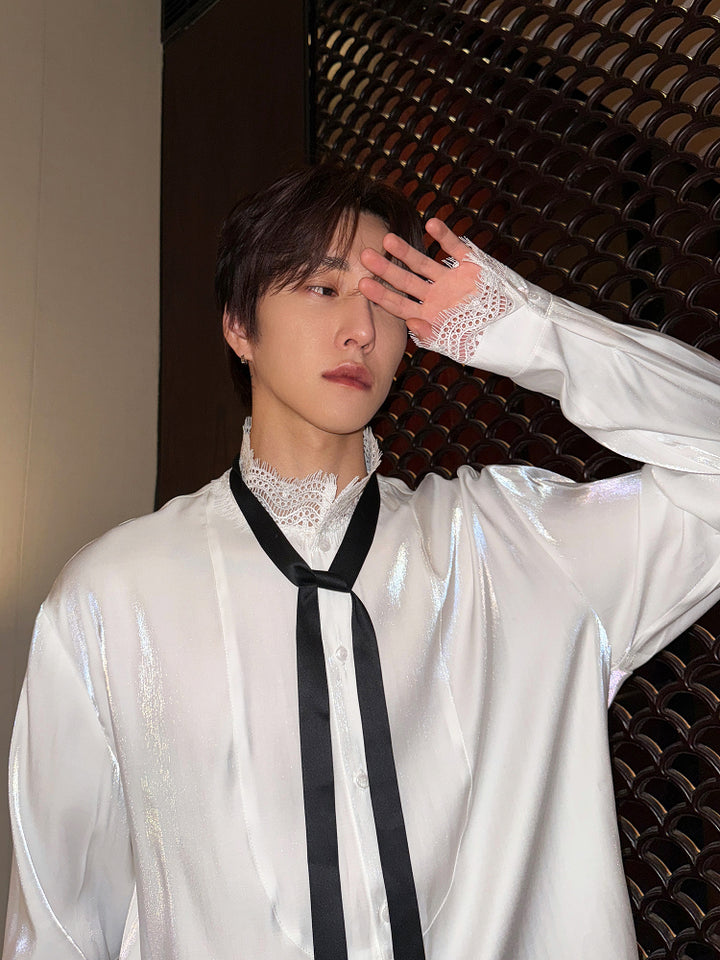 Lace Splicing Stand Collar Long Sleeve Shirt