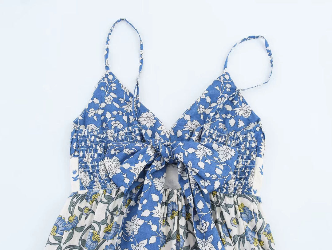 ストラップ付きパッチワークプリントレイヤードサンドレス