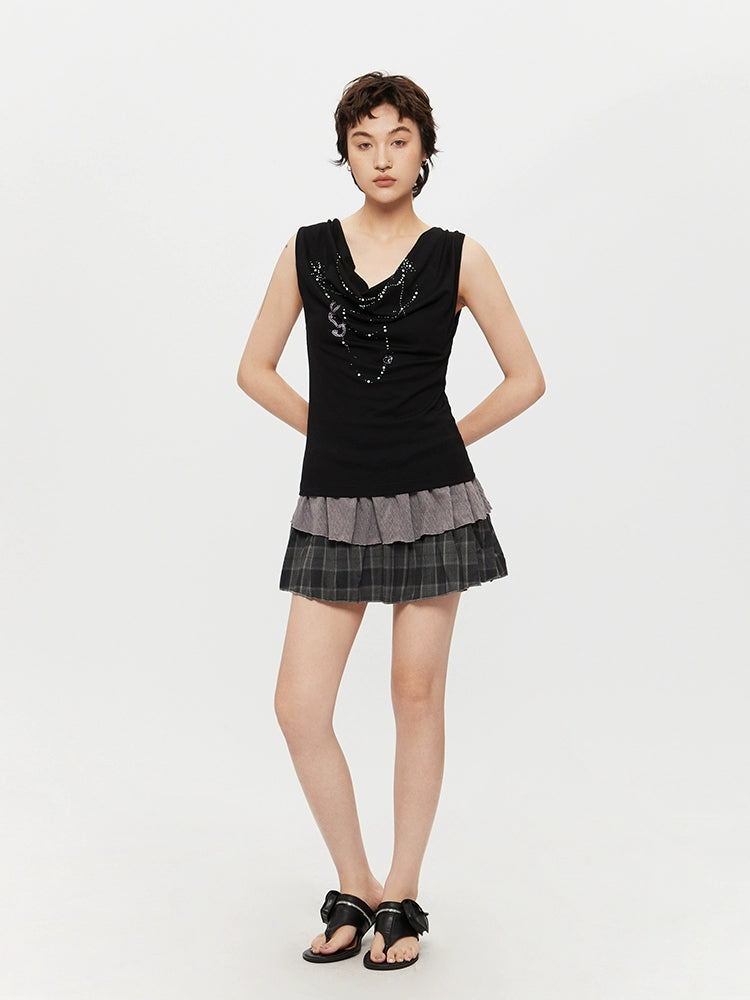 Sleeveless Rhinestone Cowl Neck Top