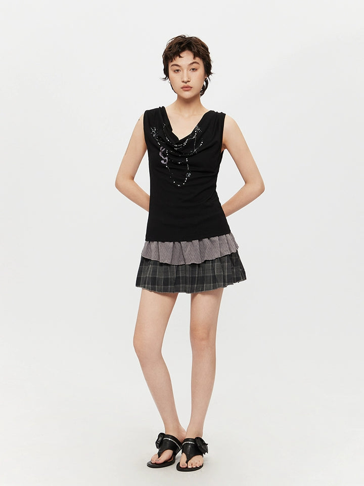Sleeveless Rhinestone Cowl Neck Top