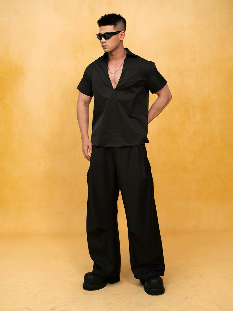 Deep V-Neck Short Sleeve Lapel Shirt