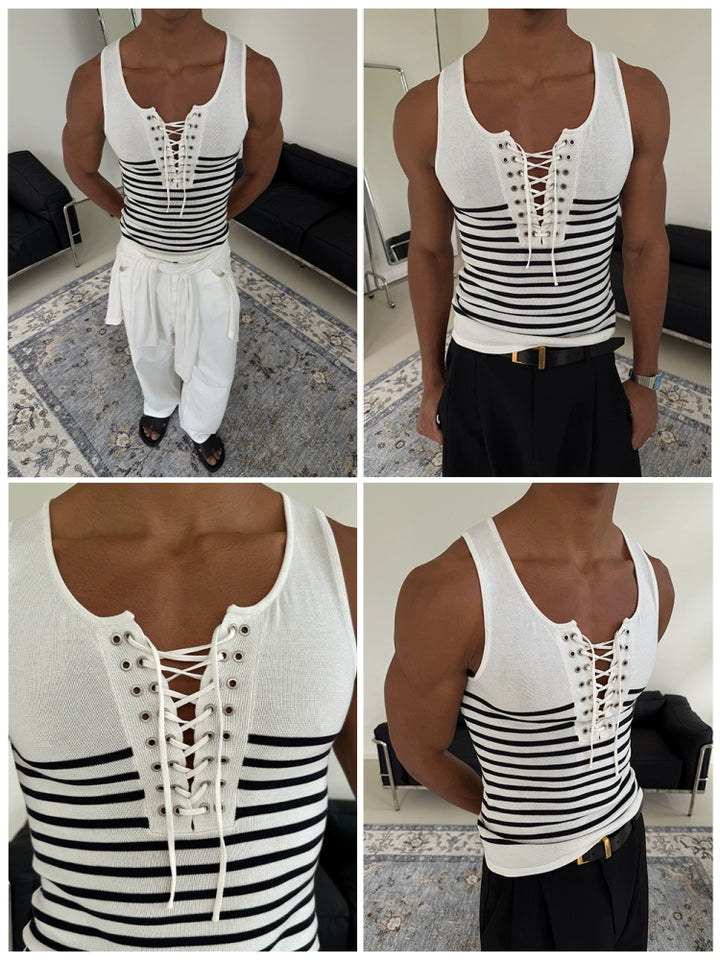Striped Lace-Up V-Neck Knit Vest