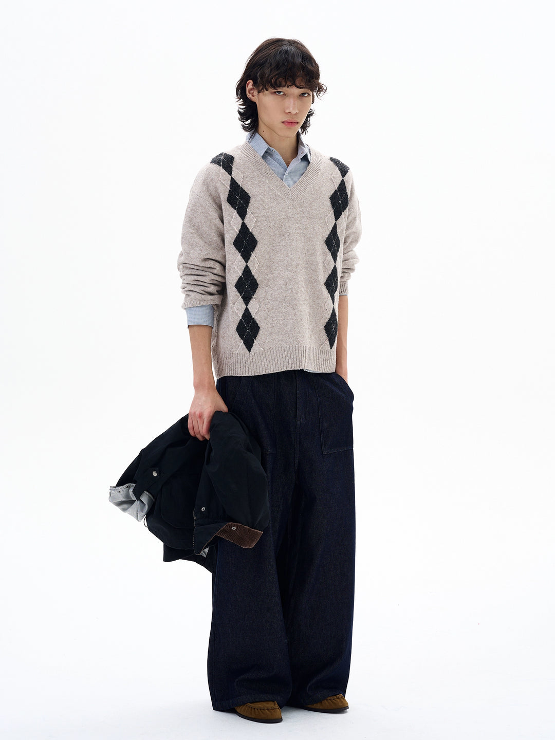Diamantmønster Uldblandings V-Hals Sweater