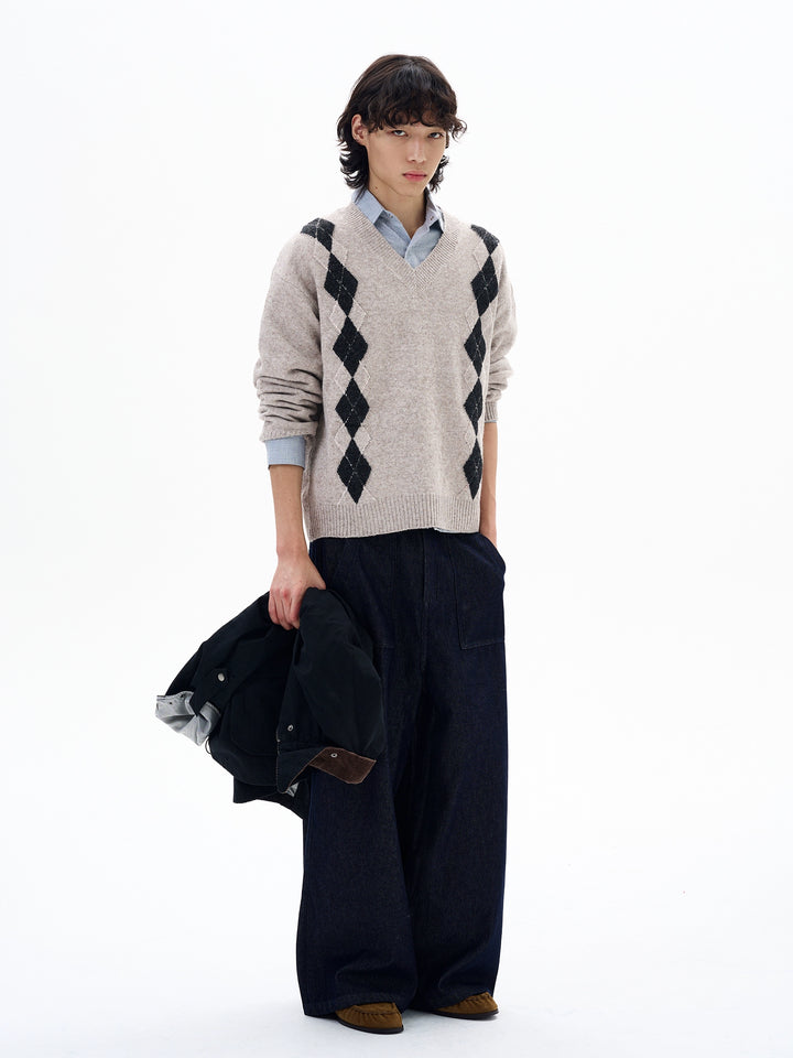 Diamantmønster Uldblandings V-Hals Sweater