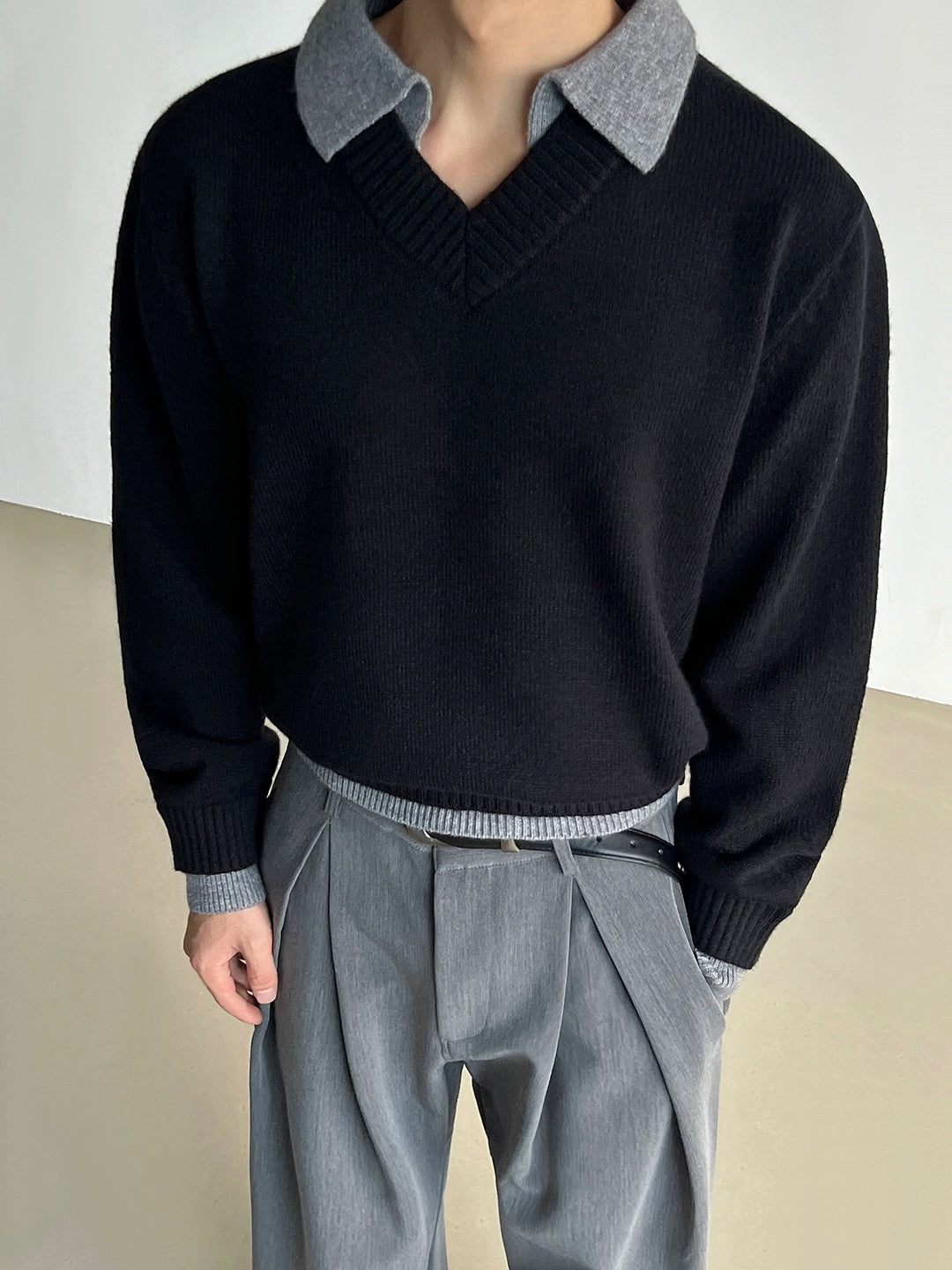 V-neck Knit Polo Sweater