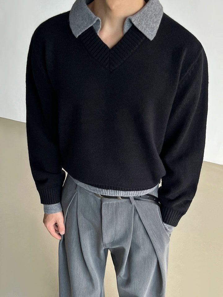 V-neck Knit Polo Sweater