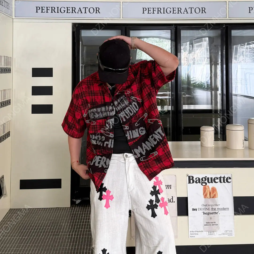 Oversized Plaid Short Sleeve Hip-Hop Shirt