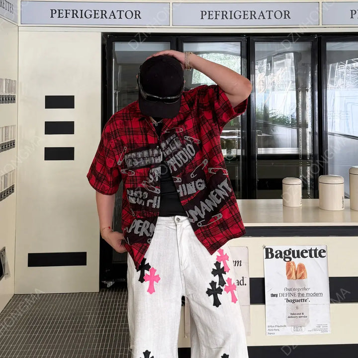 Oversized Plaid Short Sleeve Hip-Hop Shirt