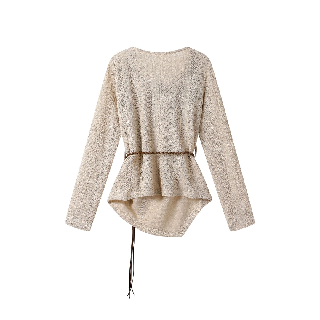 Knit Tie Waist Swing Collar Sweater